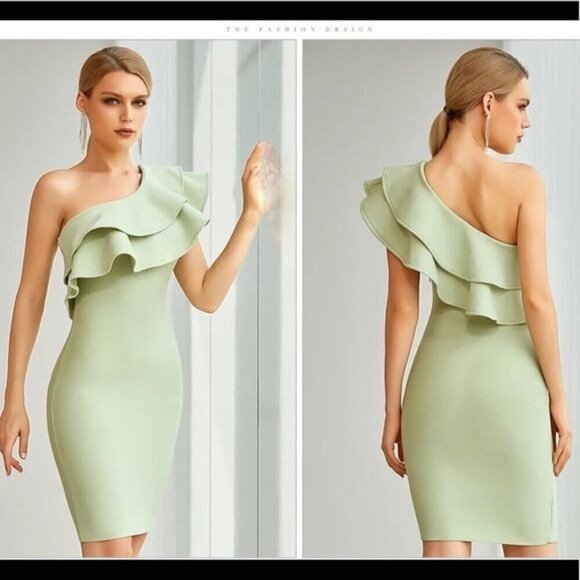 One Shoulder Ruffles Mini Bandage Dress Sexy Sleeveless Green - Picture 7 of 7